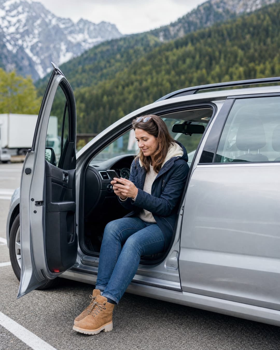 Conductrice consultant son téléphone, assise dans sa voiture sur une aire de stationnement