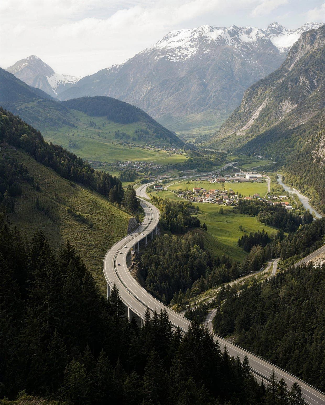 Autoroute sur viaduc dans une vallée alpine